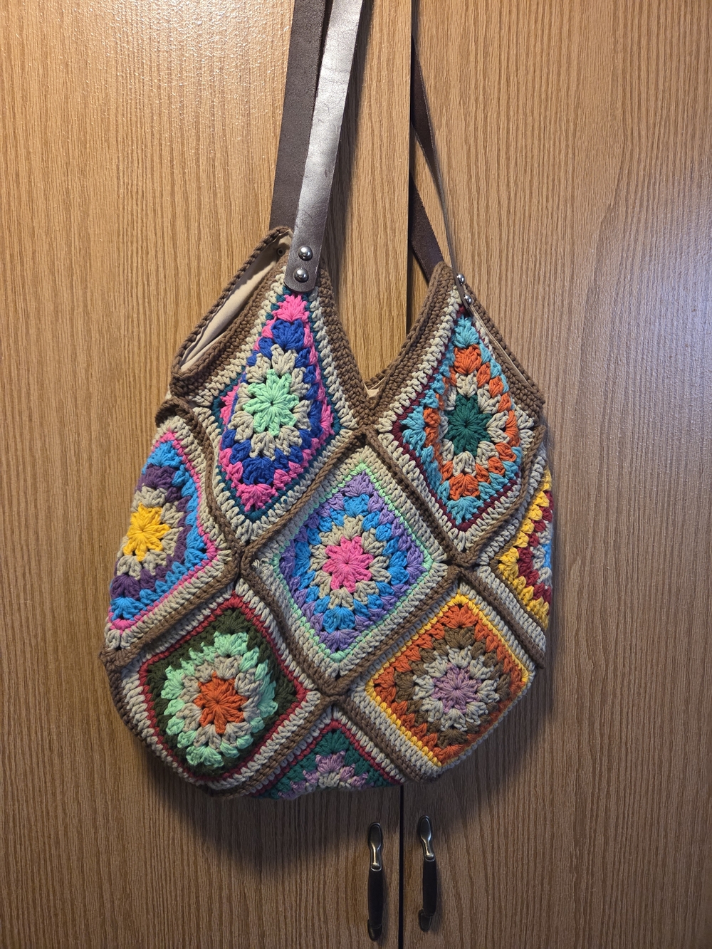 Handmade Multicolor Crochet Shoulder Bag with Tan Trim
